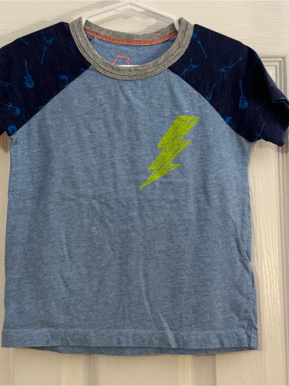 Mini Boden Baby Boy Blue Short Sleeve Tee with Lime Lightning and Guitars